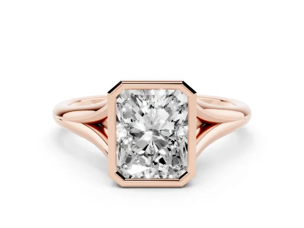 Bezel Set Radiant Cut Cut Solitaire Ring with Tapered Band Rose gold