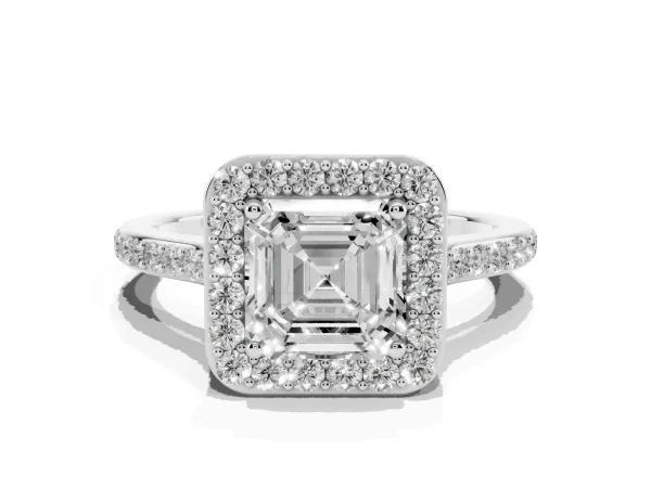 Asscher Cut Diamond Halo Engagement Ring with Round Pavé Shoulders and Prong Setting Platinum