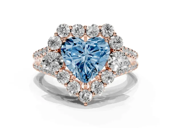 Fancy Blue Heart Cut Halo Split Shank Diamond Engagement Ring with Prong Setting Rose gold