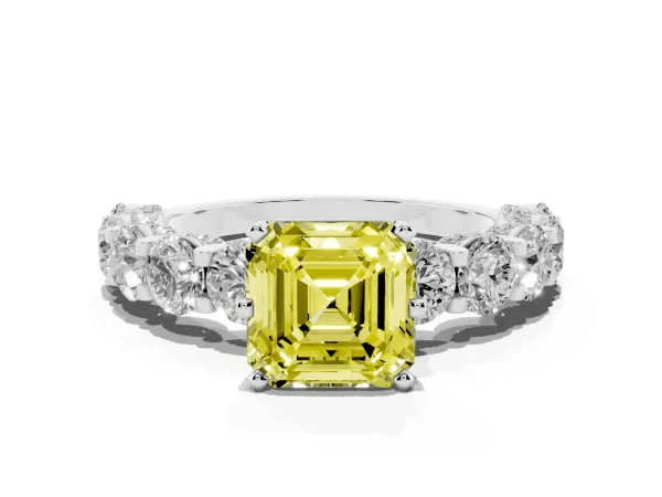 Fancy Yellow Asscher Cut Diamond Side Stone Engagement Ring with Four-Prong Setting Silver