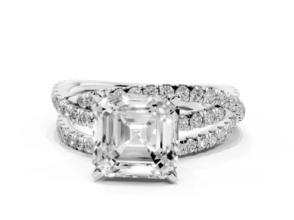 Asscher Cut Solitaire Twist Band with Pavé Setting and Four-Prong Setting Platinum
