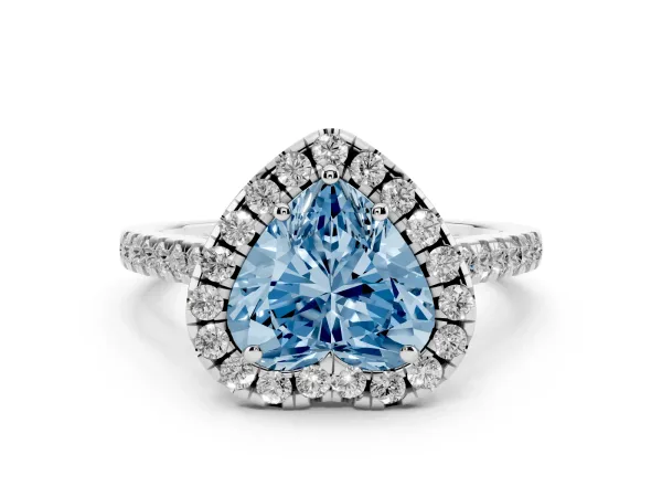 Fancy Blue Heart Cut Halo Pavé Diamond Engagement Ring with Four-Prong Setting Platinum