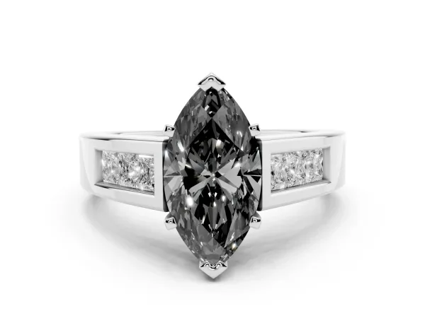 Fancy Black Marquise Cut Cut Channel Set Solitaire Ring with Four-Prong Setting Platinum