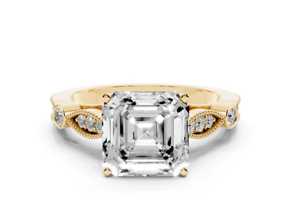 Asscher Cut Cut Diamond with Milgrain Marquise and Bezel Accents on a Solitaire Band with Prong Setting Yellow gold