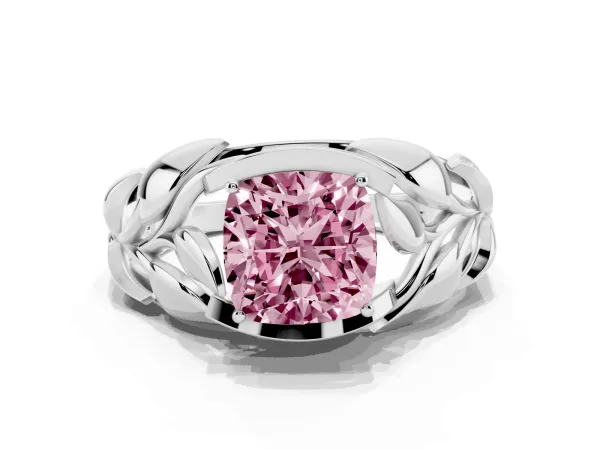 Fancy Pink Cushion Cut Diamond Leaf-Inspired Engagement Ring with Round Accents and Prong Setting Platinum