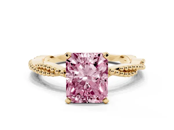 Fancy Pink Radiant Cut Solitaire Twisted Band with Bead Prong Setting Yellow gold