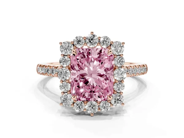Fancy Pink Radiant Cut Halo Diamond Ring with Pavé Band and Prong Setting Rose gold