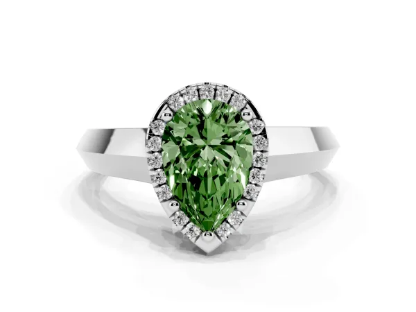Fancy Green Pear Cut Halo Diamond Ring with Cathedral Band and Four-Prong Setting White gold