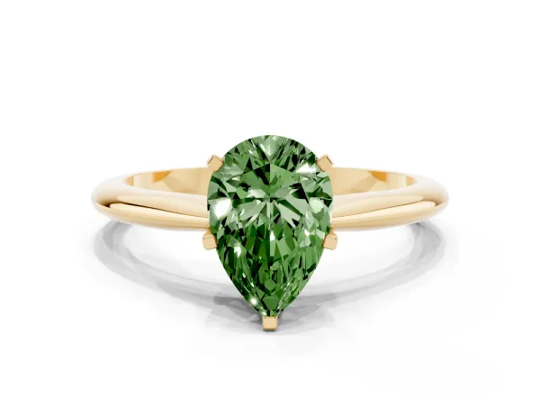 Fancy Green Pear Cut Diamond Solitaire Engagement Ring with Classic Band and Four-Prong Setting Yellow gold
