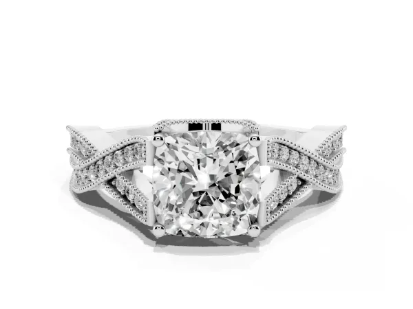 Cushion Cut Cut Diamond Twisted Band with Milgrain Pave Setting and Four-Prong Setting Platinum