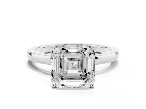Asscher Cut Diamond Solitaire Ring with Thin Band and Prong Setting Platinum