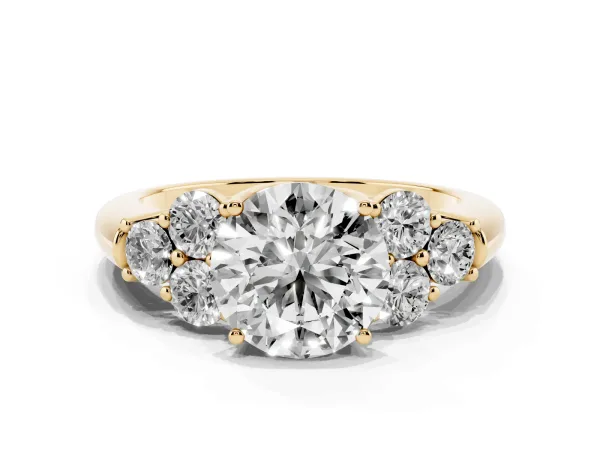 Round Cut Cut Diamond Cluster Ring with Round Accent Stones and Prong Setting on a Classic Band Yellow gold