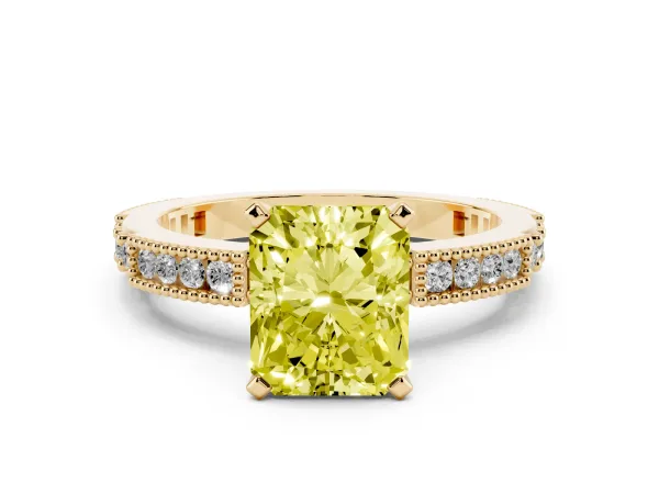 Fancy Yellow Radiant Cut Solitaire with Pavé Band and Four-Prong Setting Yellow gold