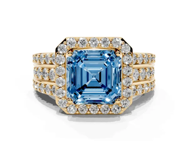 Fancy Blue Asscher Cut Halo Diamond Ring with Round Split Shank and Prong Setting Yellow gold