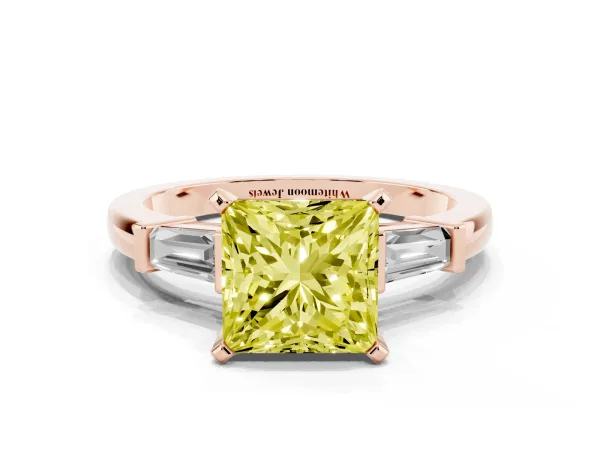 Fancy Yellow Princess Cut Cut Diamond Solitaire Ring with Tapered Baguette Accents and Four-Prong Setting Rose gold