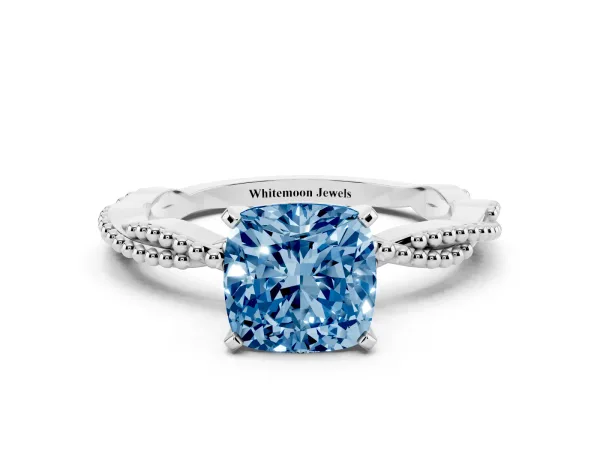 Fancy Blue Cushion Cut Solitaire Twisted Band with Bead Prong Setting Platinum