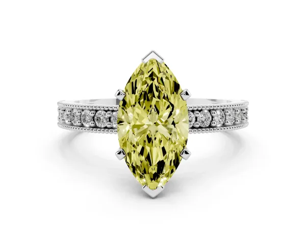 Fancy Yellow Marquise Cut Diamond Milgrain Pavé Engagement Ring with Four-Prong Setting Platinum