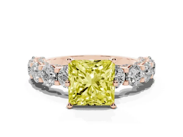 Fancy Yellow Princess Cut Diamond Side Stone Engagement Ring with Four-Prong Setting Rose gold