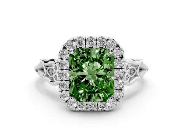 Fancy Green Radiant Cut Halo Diamond Engagement Ring with Filigree Band and Four-Prong Setting White gold