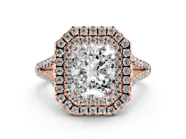 Radiant Cut Diamond Double Halo Ring with Pavé Band and Prong Setting Rose gold