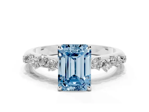 Fancy Blue Emerald Cut Diamond Cluster Prong-Set Solitaire Ring White gold