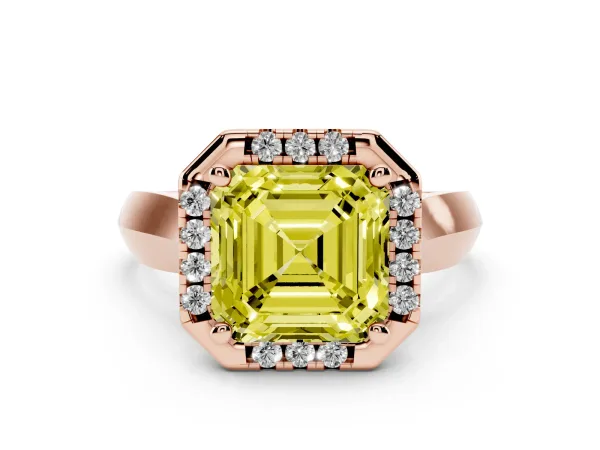 Fancy Yellow Asscher Cut Cut Halo Solitaire Engagement Ring with Square Band and Four-Prong Setting Rose gold
