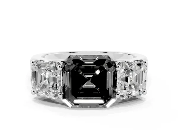 Fancy Black Asscher Cut Three-Stone Diamond Ring with Prong Setting on a Classic Band Platinum