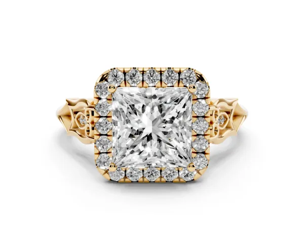 Princess Cut Halo Diamond Engagement Ring with Filigree Band and Four-Prong Setting Yellow gold