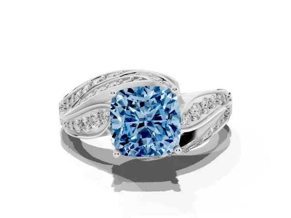 Fancy Blue Cushion Cut Diamond Solitaire Ring with Prong Setting and Twisted Pavé Band Platinum