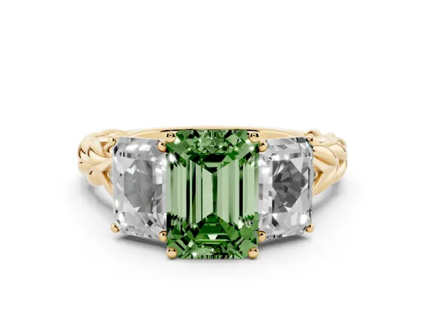 Fancy Green Three-Stone Radiant Cut Diamond Braided Band Ring with Four-Prong Setting Yellow gold