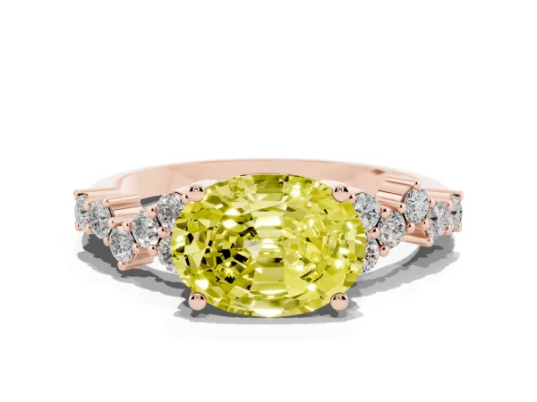 Fancy Yellow Oval Cut Diamond Scattered Round Accent Ring with Prong Setting Rose gold