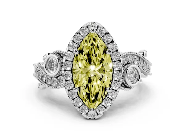 Fancy Yellow Marquise Cut Diamond Halo Ring with Milgrain Pavé Band and Four-Prong Setting Platinum