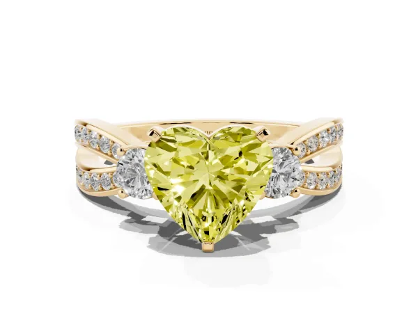 Fancy Yellow Three-Stone Heart Cut Cut Diamond Twist Band with Prong Setting Yellow gold