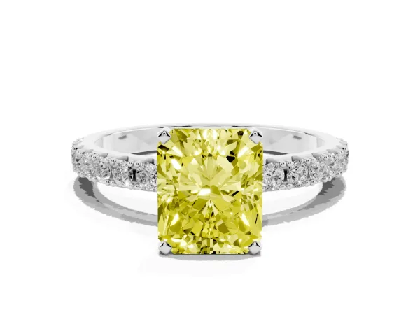 Fancy Yellow Radiant Cut Diamond Solitaire Pavé Band with Four-Prong Setting White gold