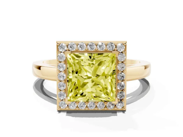 Fancy Yellow Princess Cut Halo Diamond Ring with Solitaire Band and Prong Setting Yellow gold
