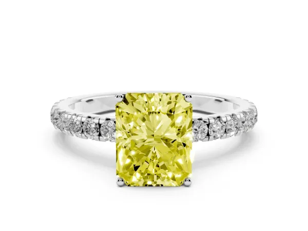 Fancy Yellow Radiant Cut Diamond Pavé Solitaire Engagement Ring with Four-Prong Setting Platinum