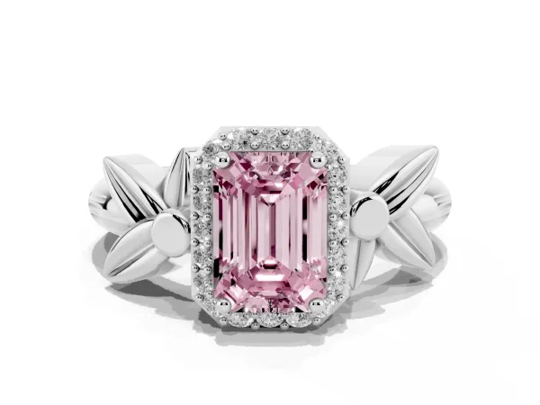 Fancy Pink Emerald Cut Halo Diamond Floral Band with Four-Prong Setting Platinum