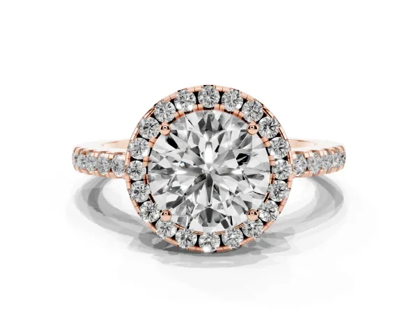 Round Cut Halo Diamond Engagement Ring with Pavé Band and Four-Prong Setting Rose gold
