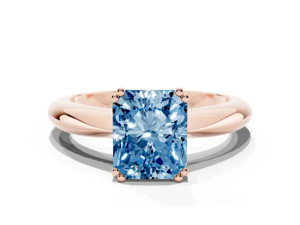 Fancy Blue Radiant Cut Cut Solitaire Engagement Ring with Tapered Band and Four-Prong Setting Rose gold