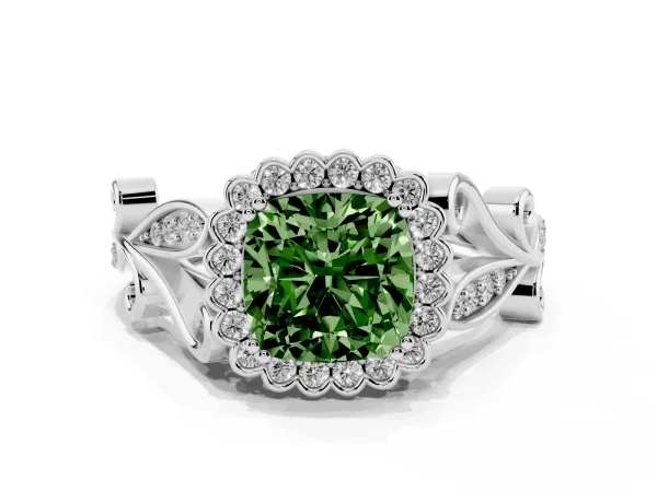 Fancy Green Cushion Cut Diamond Halo Ring with Vintage Split Shank and Four-Prong Setting White gold