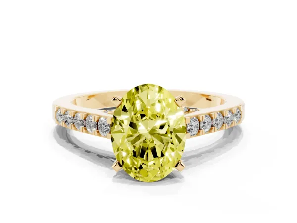 Fancy Yellow Oval Cut Diamond Solitaire Ring with Crossover Gallery and Round Pavé Band Yellow gold