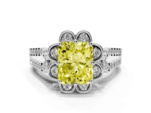 Fancy Yellow Radiant Cut Halo Diamond Floral Split Shank Engagement Ring Platinum