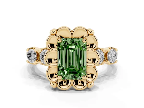 Fancy Green Emerald Cut Cut Diamond Floral Halo Engagement Ring with Shared Prong Setting Yellow gold