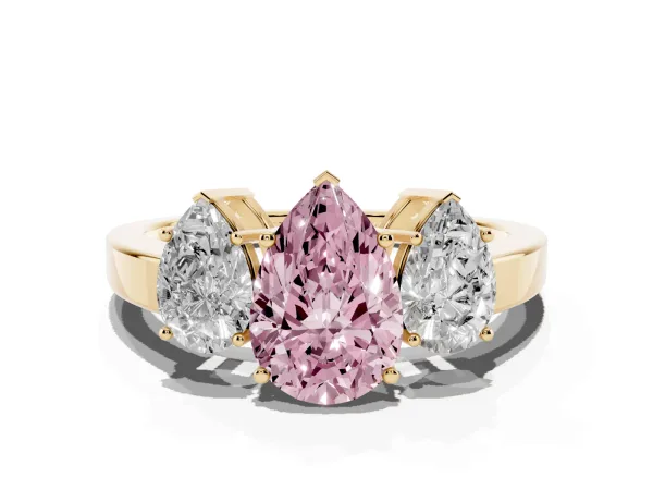 Fancy Pink Three-Stone Pear Cut Cut Diamond Engagement Ring with Flat Band and Four-Prong Setting Yellow gold