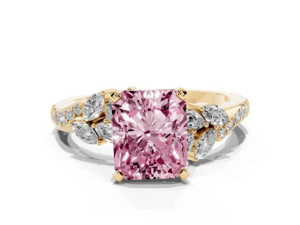 Fancy Pink Radiant Cut Solitaire Marquise Twist Band with Six-Prong Setting Yellow gold