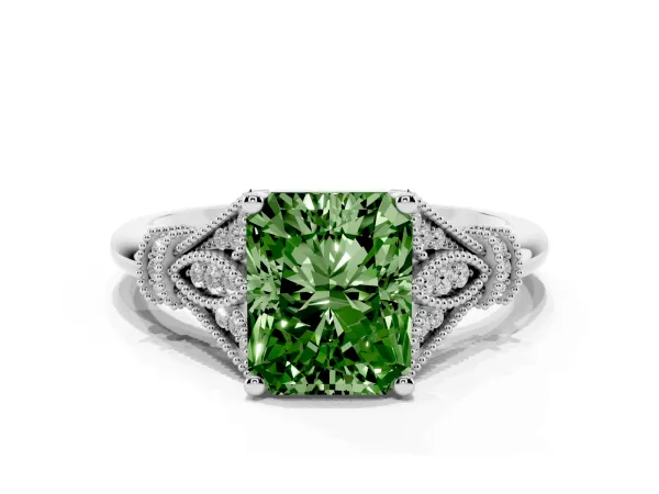 Fancy Green Radiant Cut Diamond Solitaire Ring with Floral Filigree and Pave Accents White gold