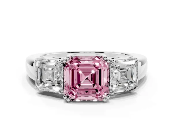 Fancy Pink Three-Stone Asscher Cut Cut Diamond Ring with Channel Set Band and Four-Prong Setting Platinum