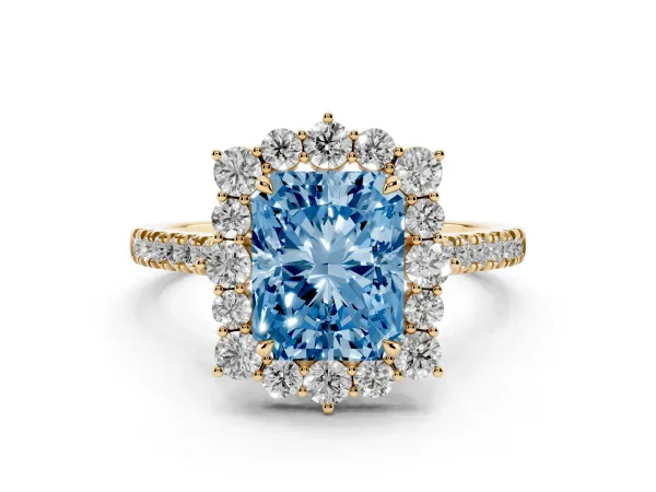 Fancy Blue Radiant Cut Halo Diamond Ring with Pavé Band and Prong Setting Yellow gold
