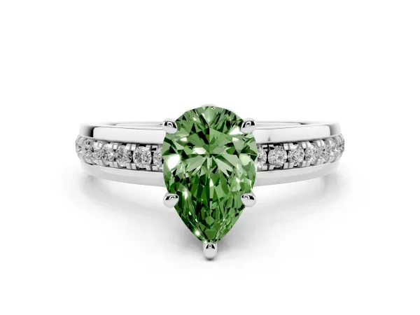 Fancy Green Pear Cut Solitaire Diamond Ring with Channel Set Band and Six-Prong Setting White gold