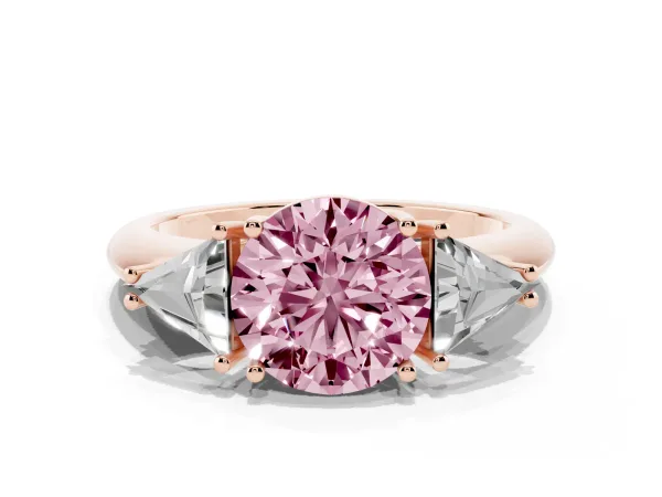 Fancy Pink Three-Stone Round Cut Diamond Engagement Ring with Trillion Side Stones and Prong Setting Rose gold
